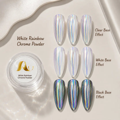 White Rainbow Chrome Powder effect on nail sample tips