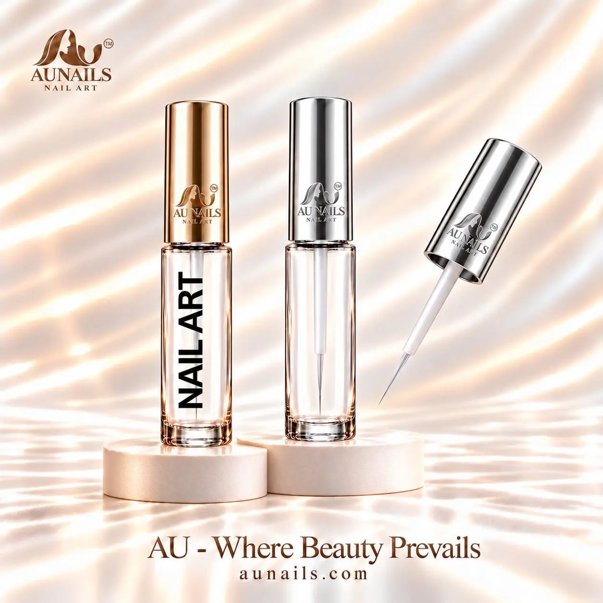 AU NAILS refillable nail art bottles with rose gold and silver detailing brush caps