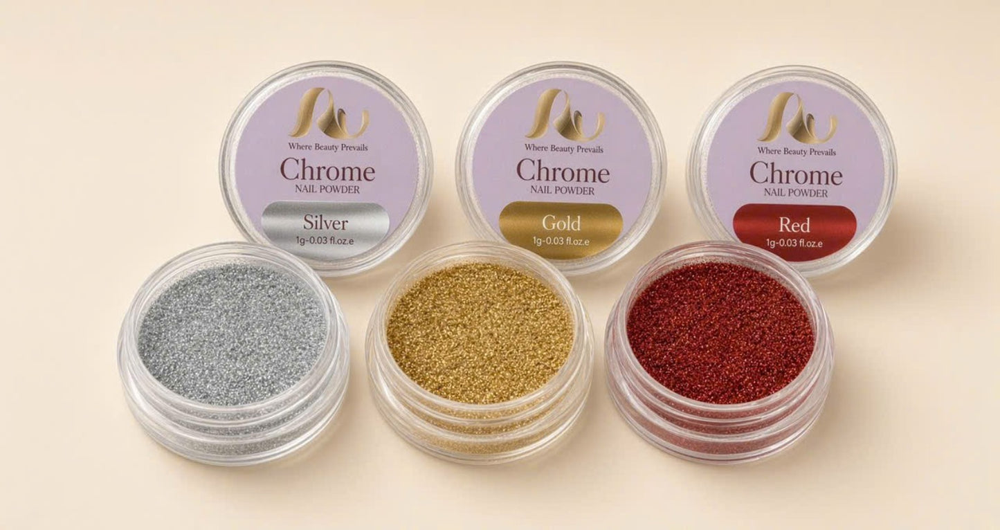 AU Nails Chrome Nail Powder – Silver, Gold & Red, 1g