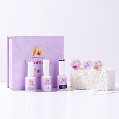 Nail care product set with bottles and a box on a white background
